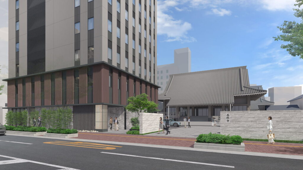 ＆Here FUKUOKA HAKATA 外観イメージ ─ 博多区祇園町、善照寺に隣接する2027年2月開業のレジデンシャル型ホテル