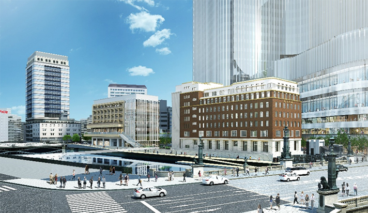 ウォルドーフ・アストリア東京日本橋 — 日本橋川沿い低層部外観イメージ(A街区・B街区)