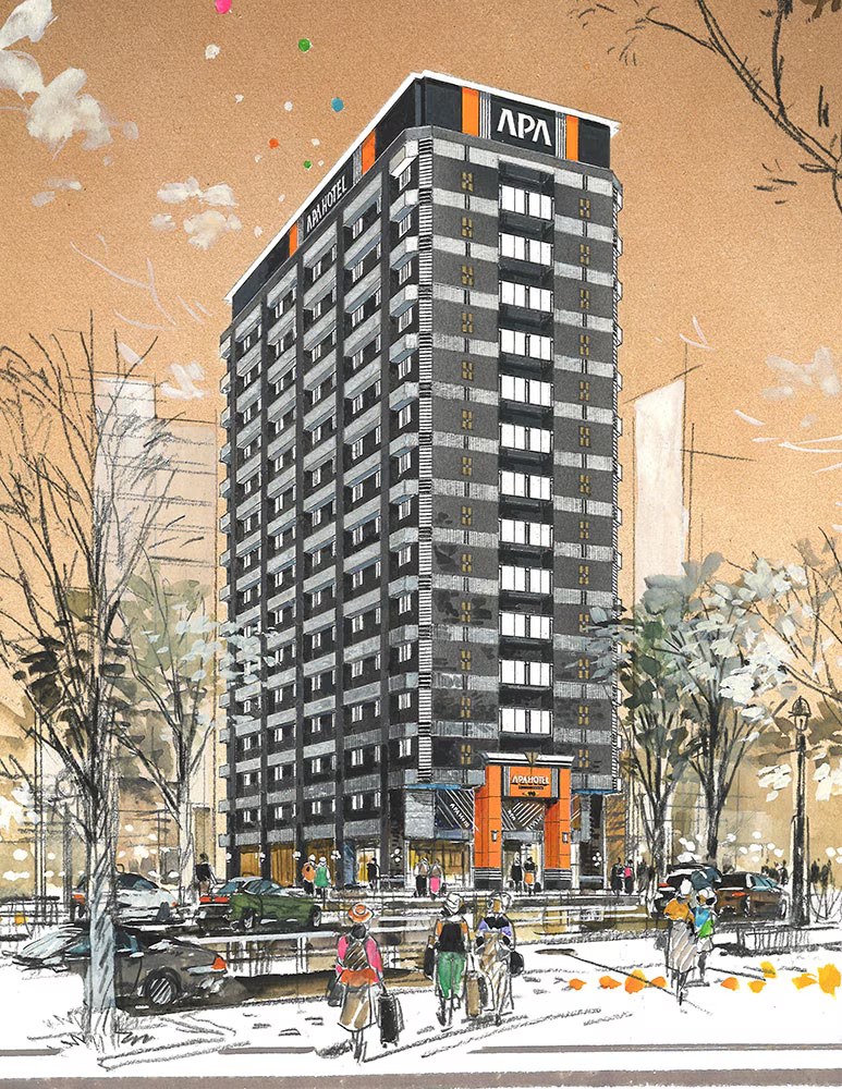 アパホテル〈渋谷駅前〉 — 渋谷区道玄坂二丁目 · 2026年12月24日開業予定、地上15階・231室の完成予想外観パース