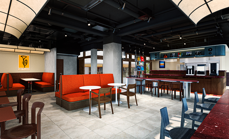 東急ステイ新宿 — 新宿三丁目 · 2階の宿泊者専用ラウンジ Re:cord Lounge、ボックス席とドリンクカウンター（完成イメージ）