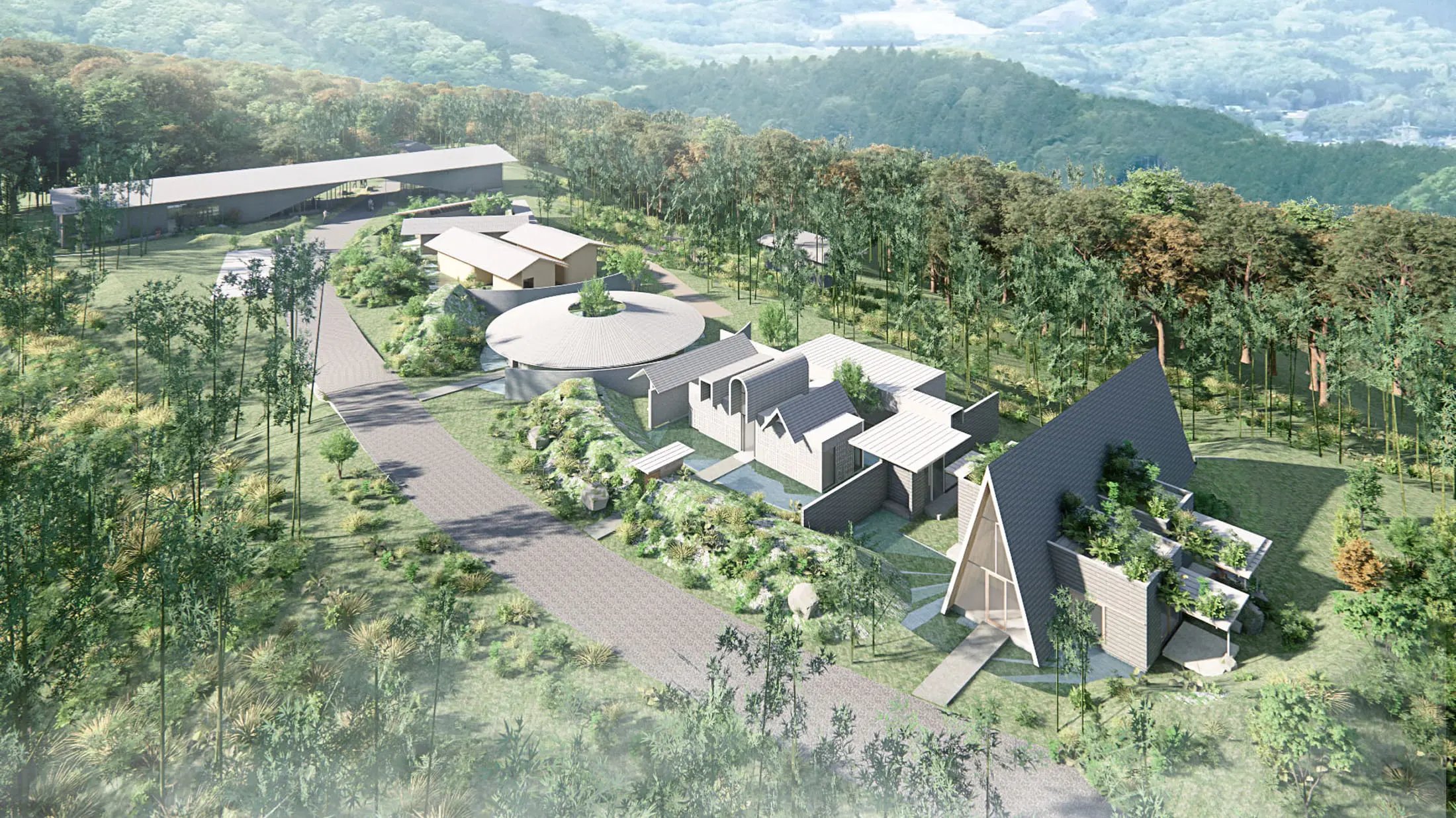 Auberge RISORA -凛空- — 鹿児島県阿久根市 · 竹林の里山に建つ全5棟のヴィラ型オーベルジュの全景イメージ