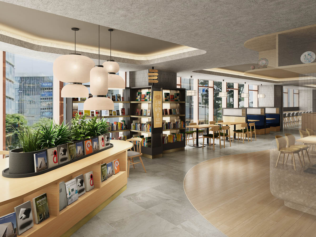 コンフォートホテルERA金沢東口 — Comfort Library Cafe · 縦格子の本棚と金沢箔をイメージした家具のイメージ