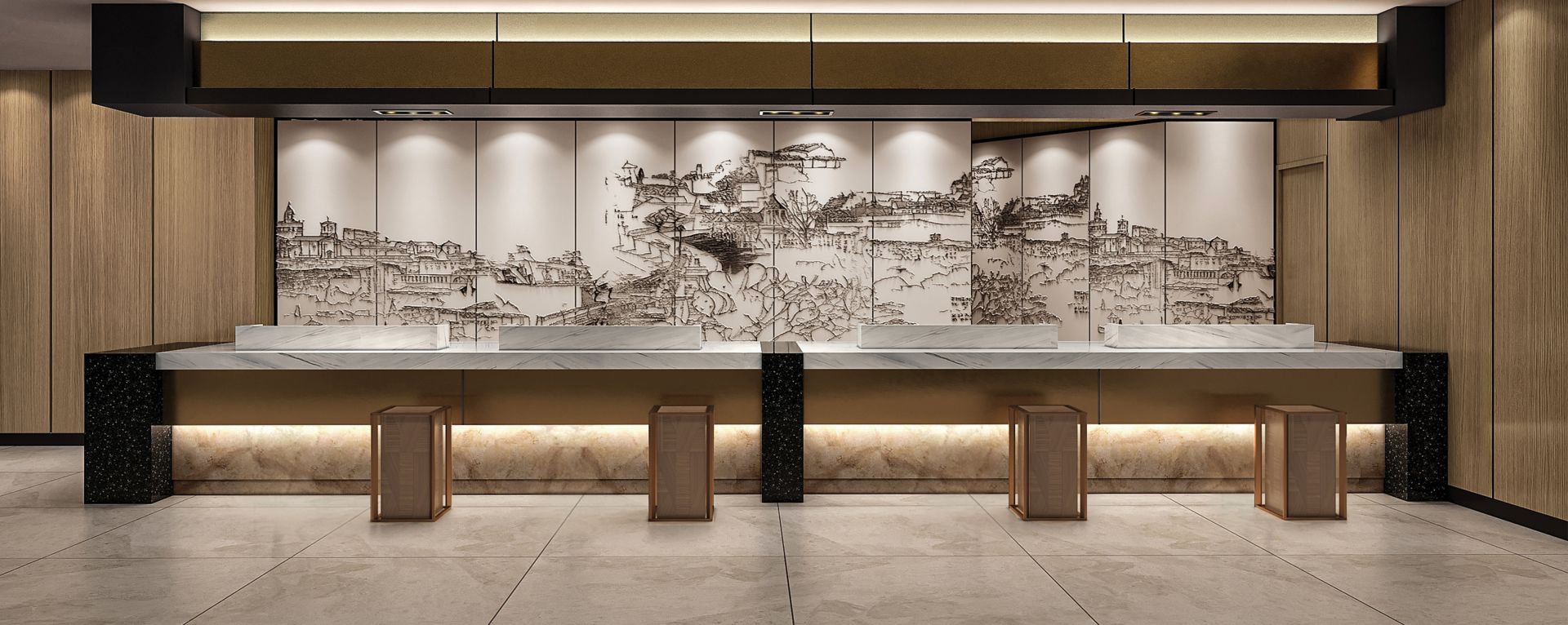 コートヤード・バイ・マリオット神戸 — 神戸市中央区ポートアイランド · 港町の絵図を背景にしたフロントデスク