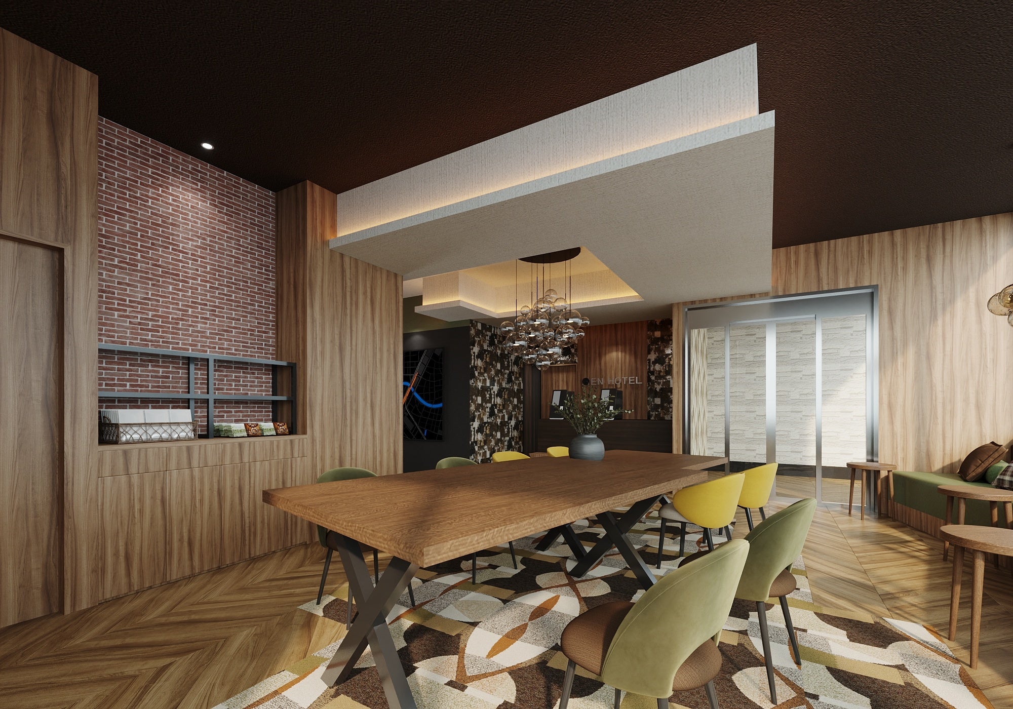 EN HOTEL Tokyo Kamata — 東京都大田区蒲田 · 1階ロビーの完成イメージ、木目の壁と大テーブルを置いたラウンジ空間