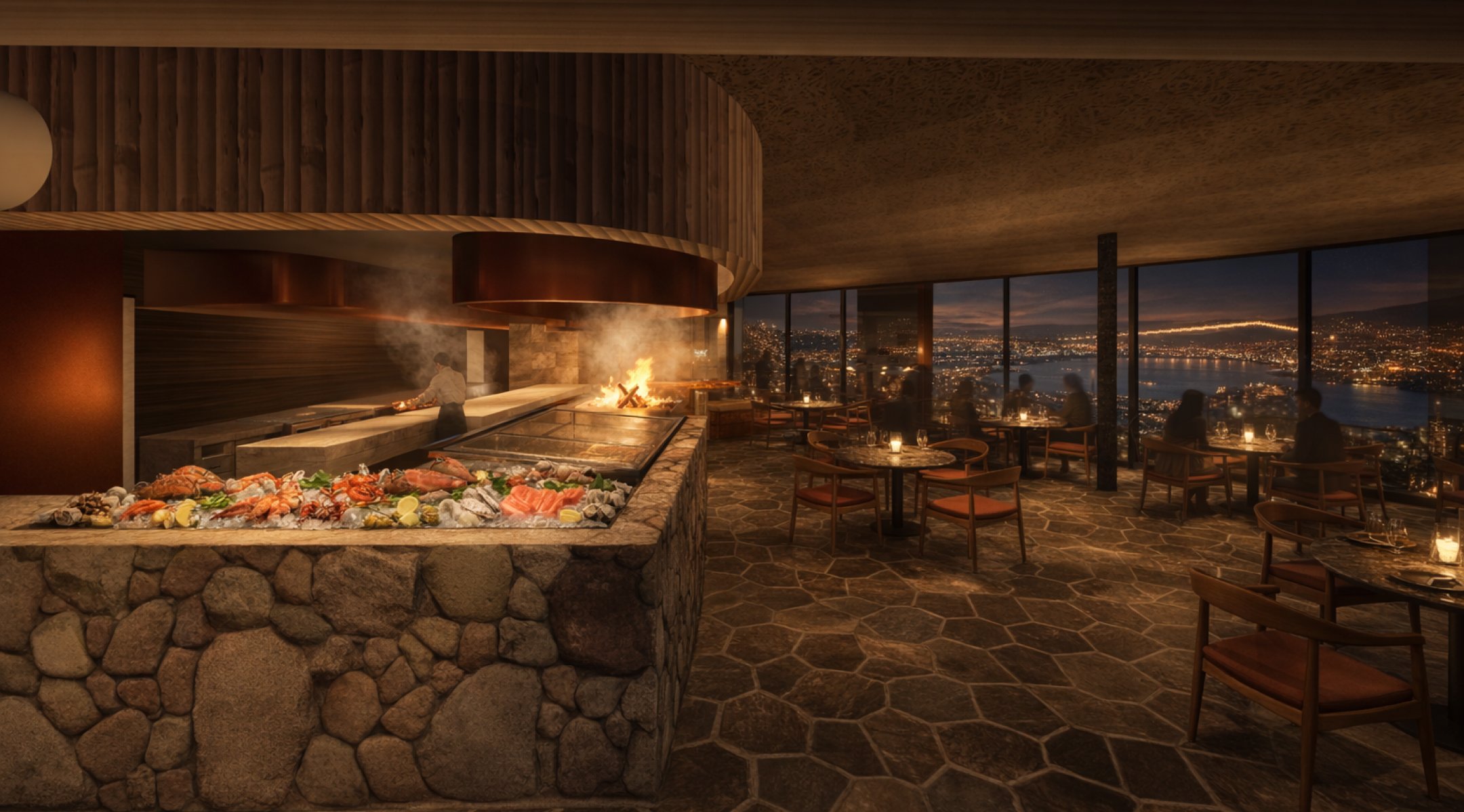 ROCK & STEAM by SEKIYA RESORT — 別府市鉄輪 · 石組みの炉端カウンターと夜景側の客席が並ぶレストランの完成イメージ