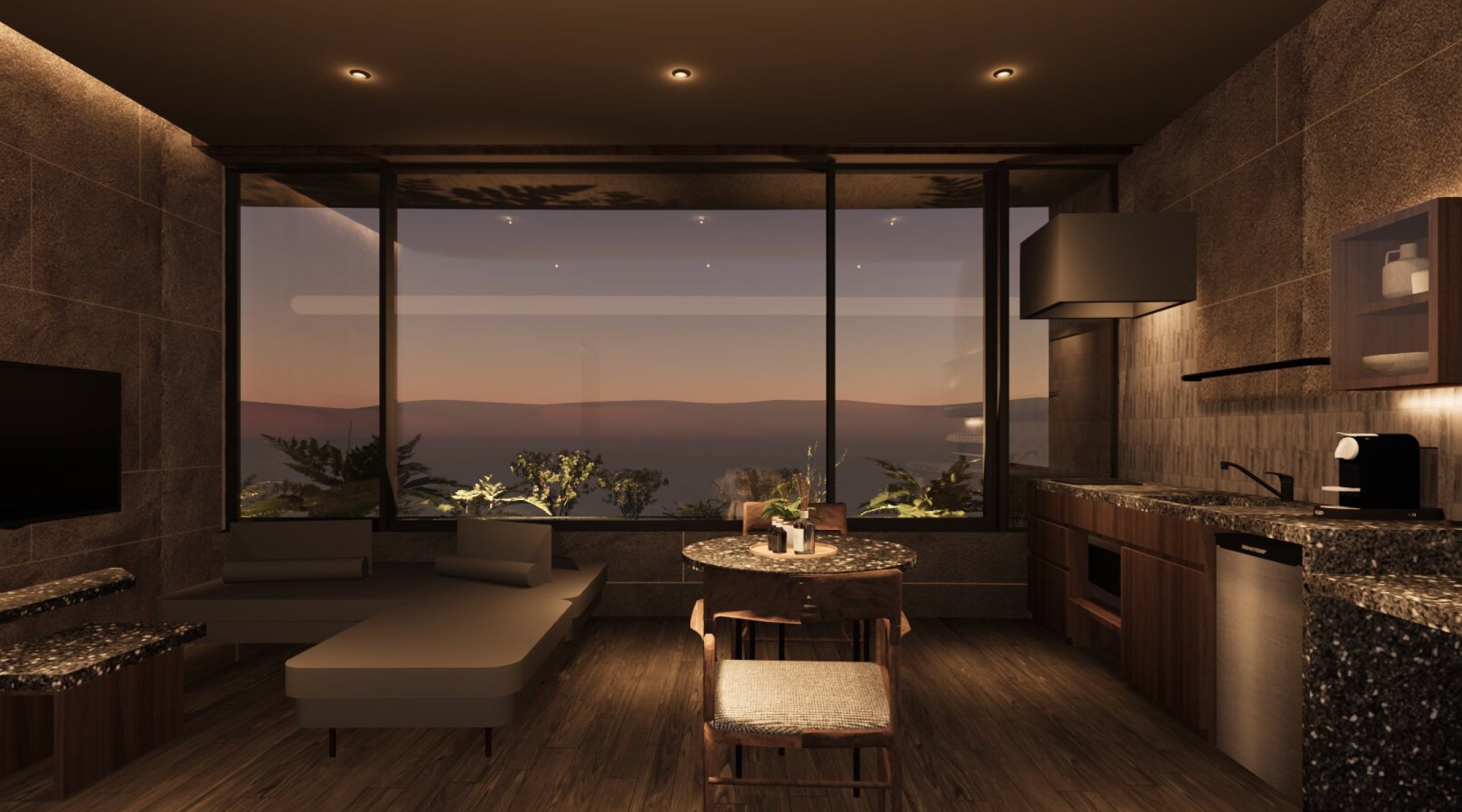 ROCK & STEAM by SEKIYA RESORT — 別府市鉄輪 · ミニキッチンと大きな窓を備えた客室の完成イメージ