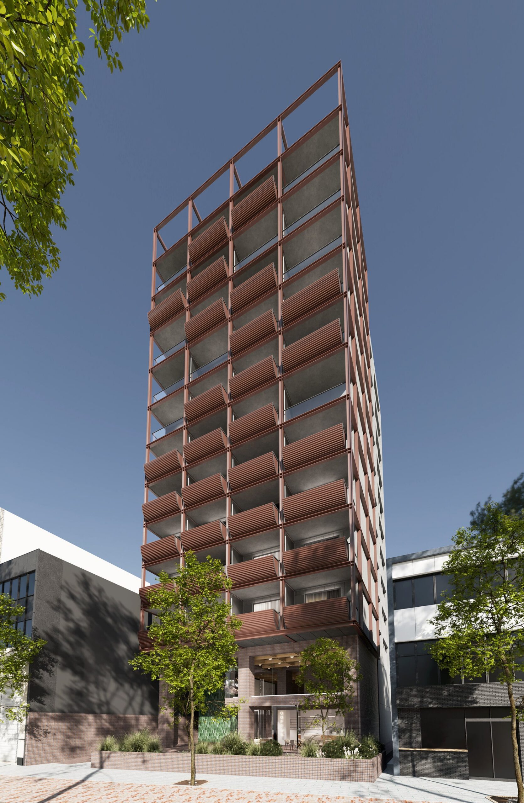 Section L 熊本 — 熊本市中央区下通 · 鉄骨造地上12階建て、ルーバー付きバルコニーが並ぶ外観の完成イメージ