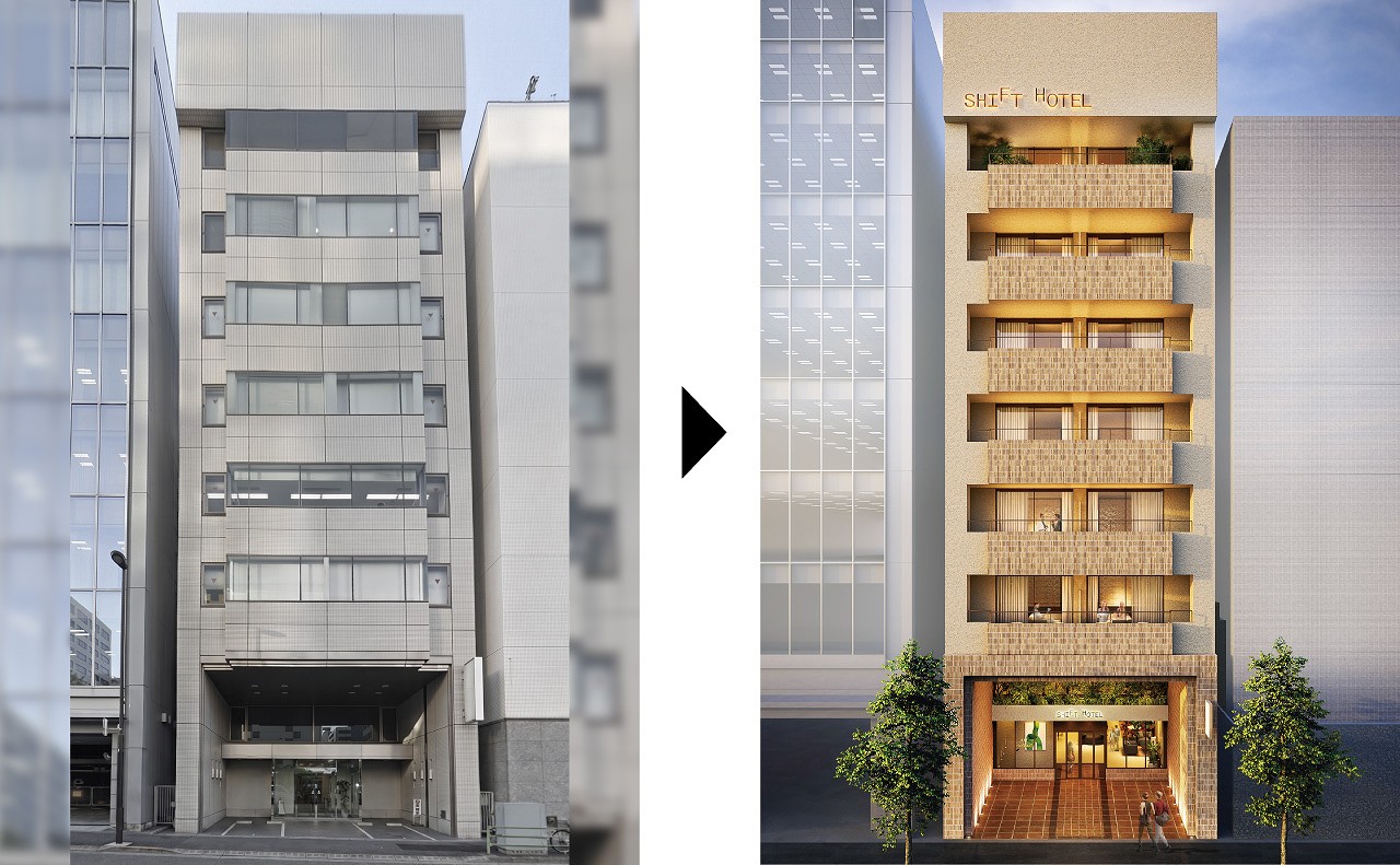 SHIFT HOTEL GINZA by HistoRy — 東京都中央区銀座3丁目 · 1985年竣工の事務所ビル外観（左）と再生後の外観完成イメージ（右）